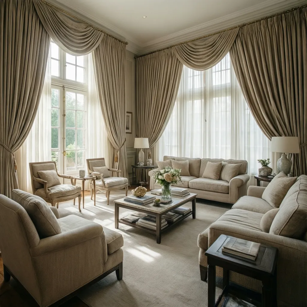 Elegant living room with beige sofa and armchairs featuring large windows and heavy layered curtains
