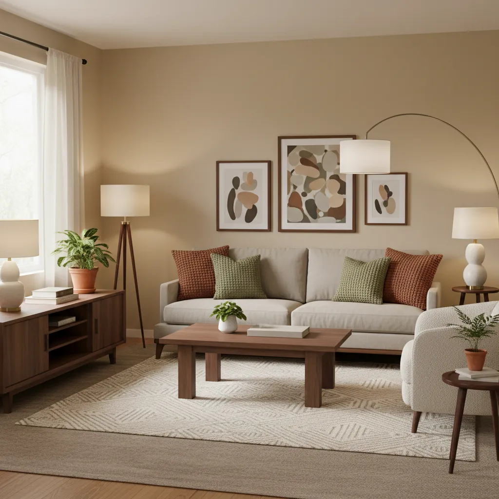 Warm beige living room with wood furniture and textured fabrics inspired by Cosby Show interior design