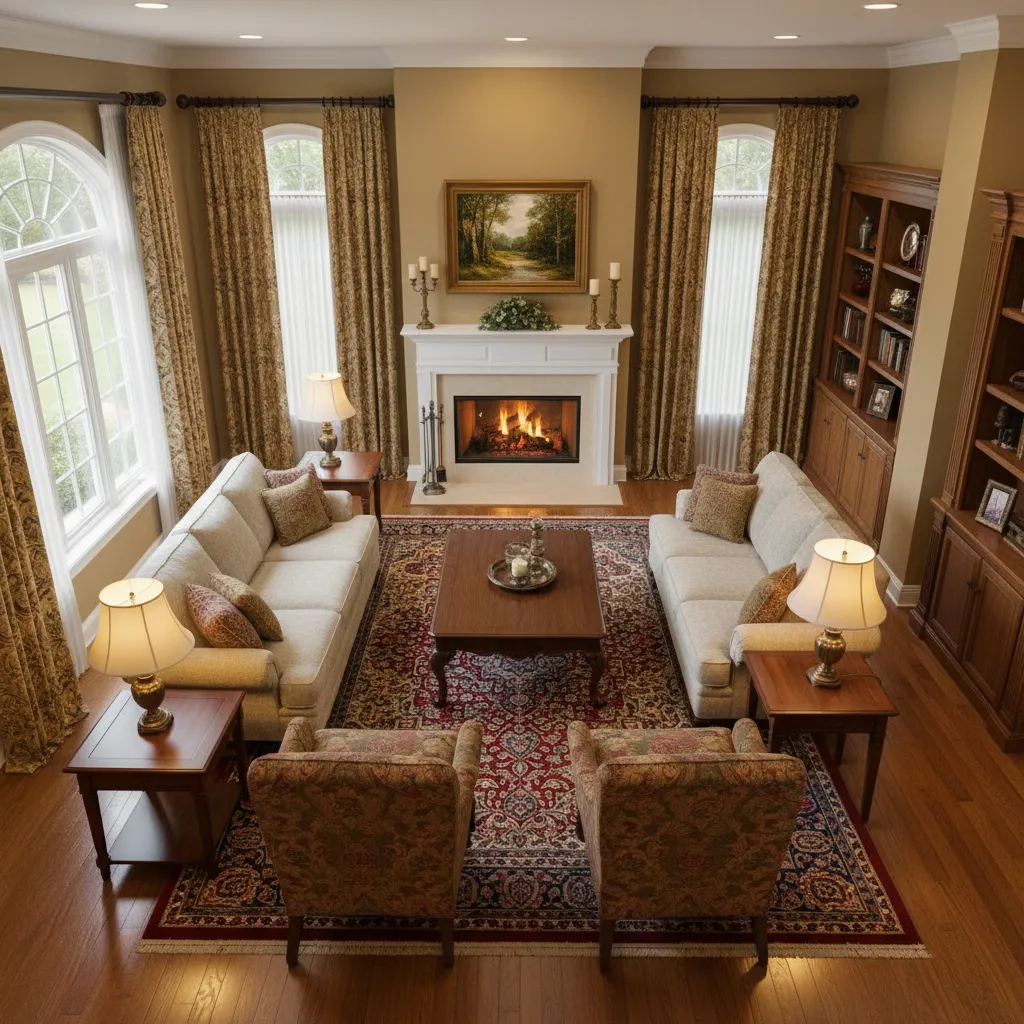 Conversation focused living room furniture layout with sofa and two chairs around coffee table