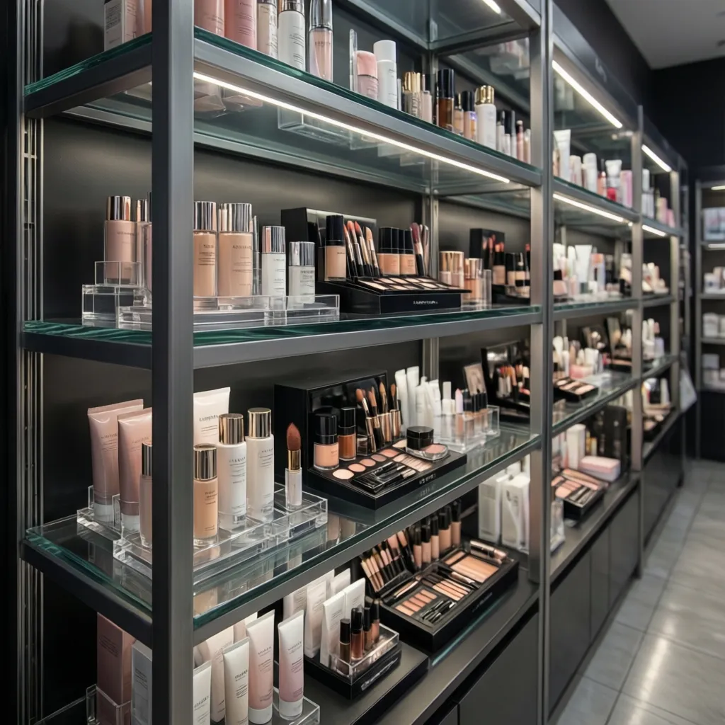 close up of cosmetic retail display shelves made of glass metal and acrylic