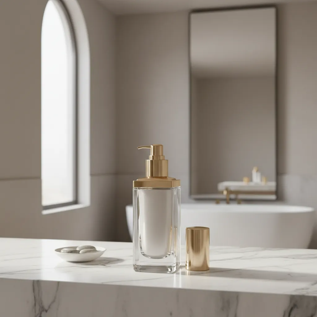 cosmetic bottle 3D render in marble bathroom environment