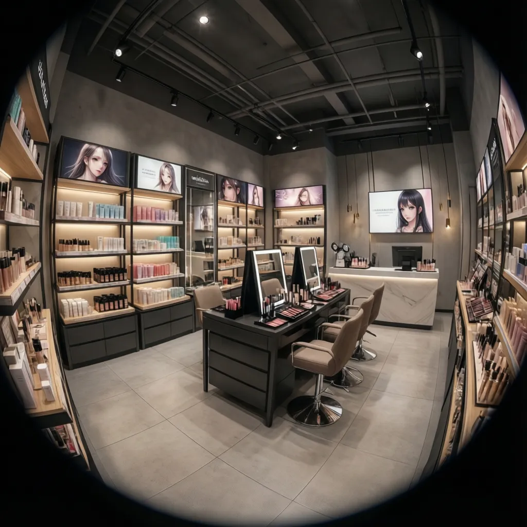 beauty store interior showing zoning with tester counters and product shelving