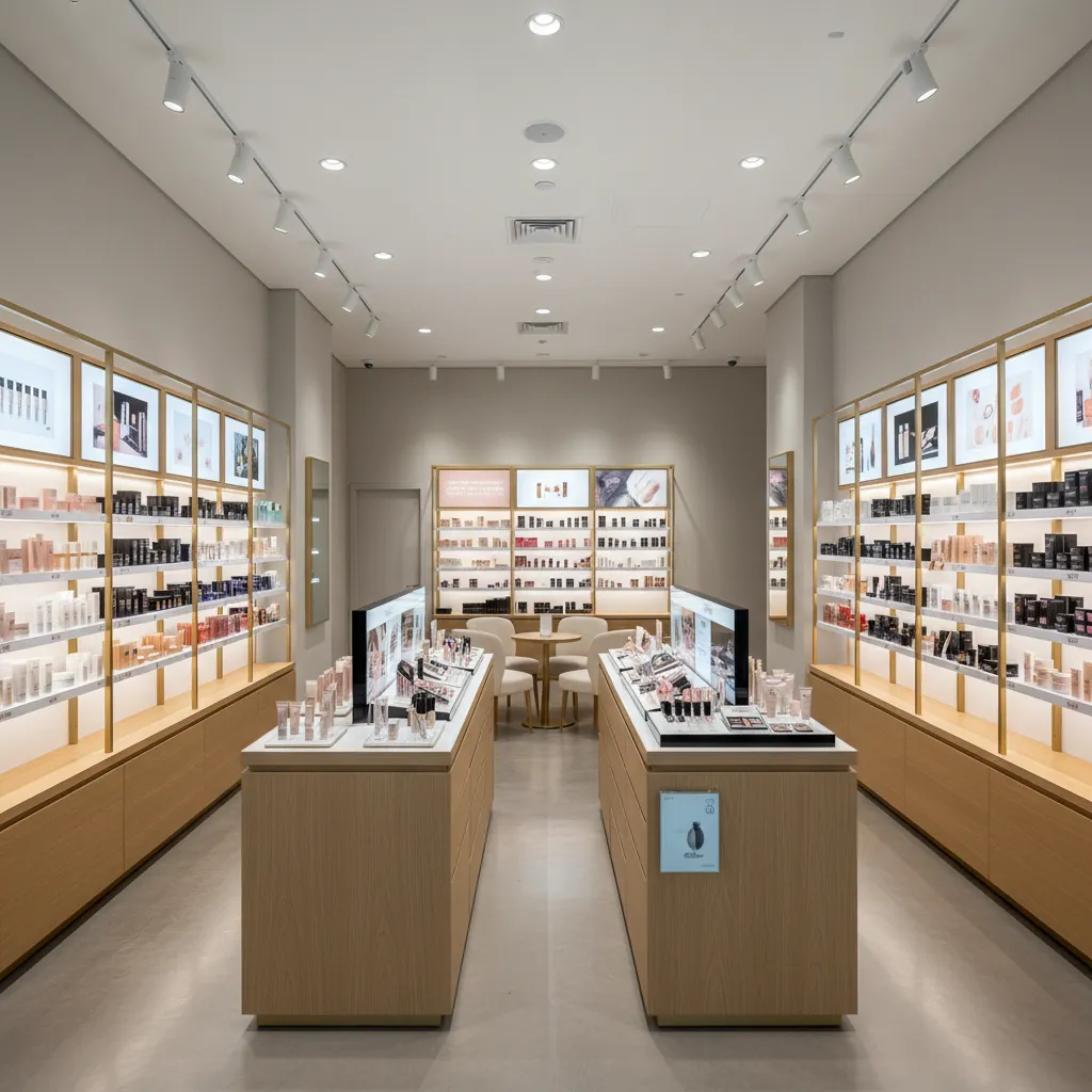 Makeup store with long wooden shelves two central islands and rows of warm ceiling lights