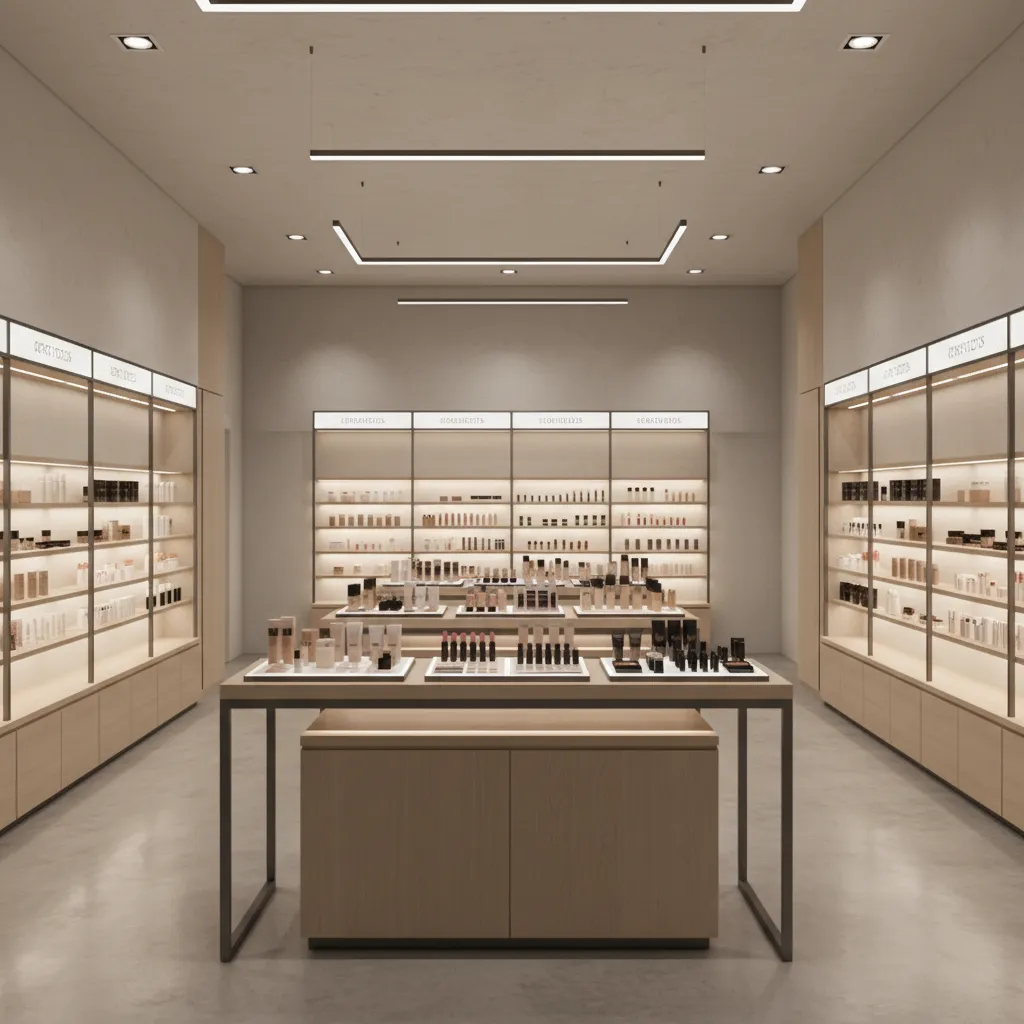 organized cosmetic retail store layout with central display tables and wall shelving