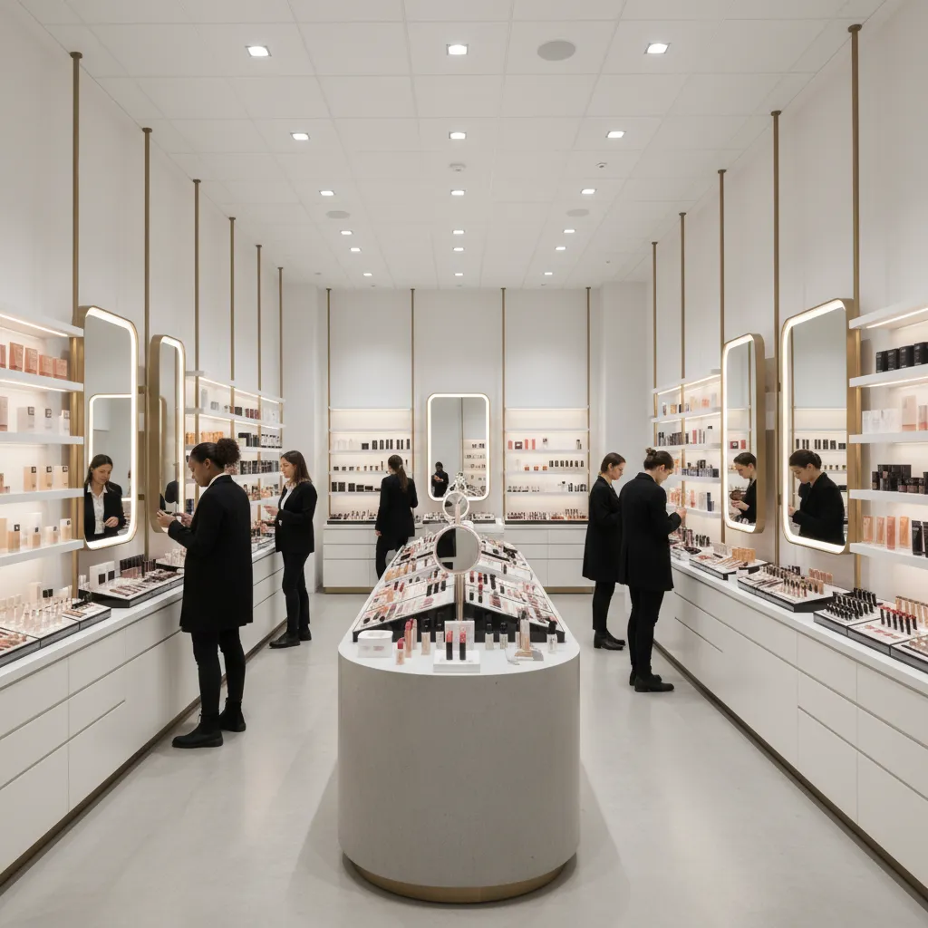 organized cosmetic shop display furniture and browsing area