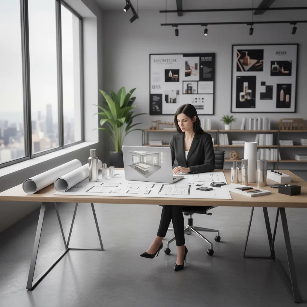 designer reviewing cosmetic shop furniture layout plans on screen and drawings