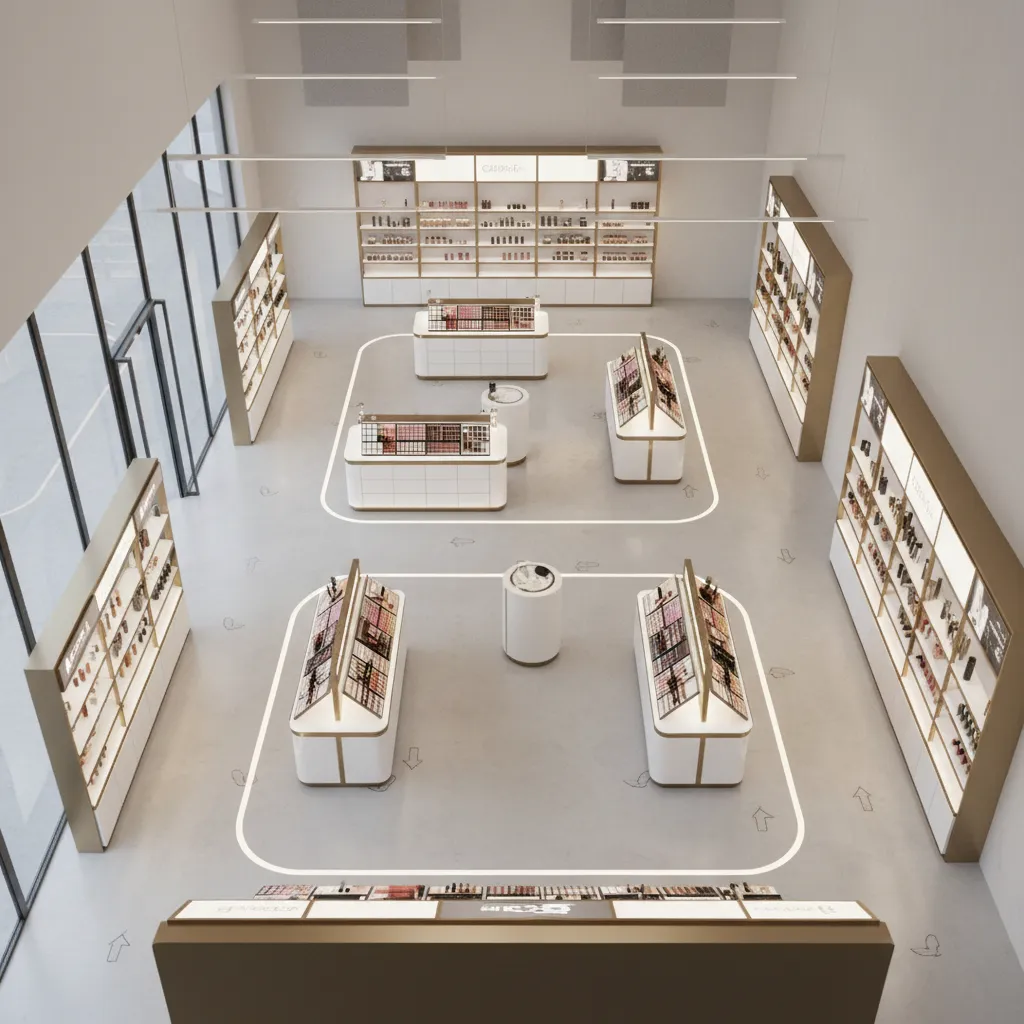 cosmetic store layout showing customer traffic flow between displays