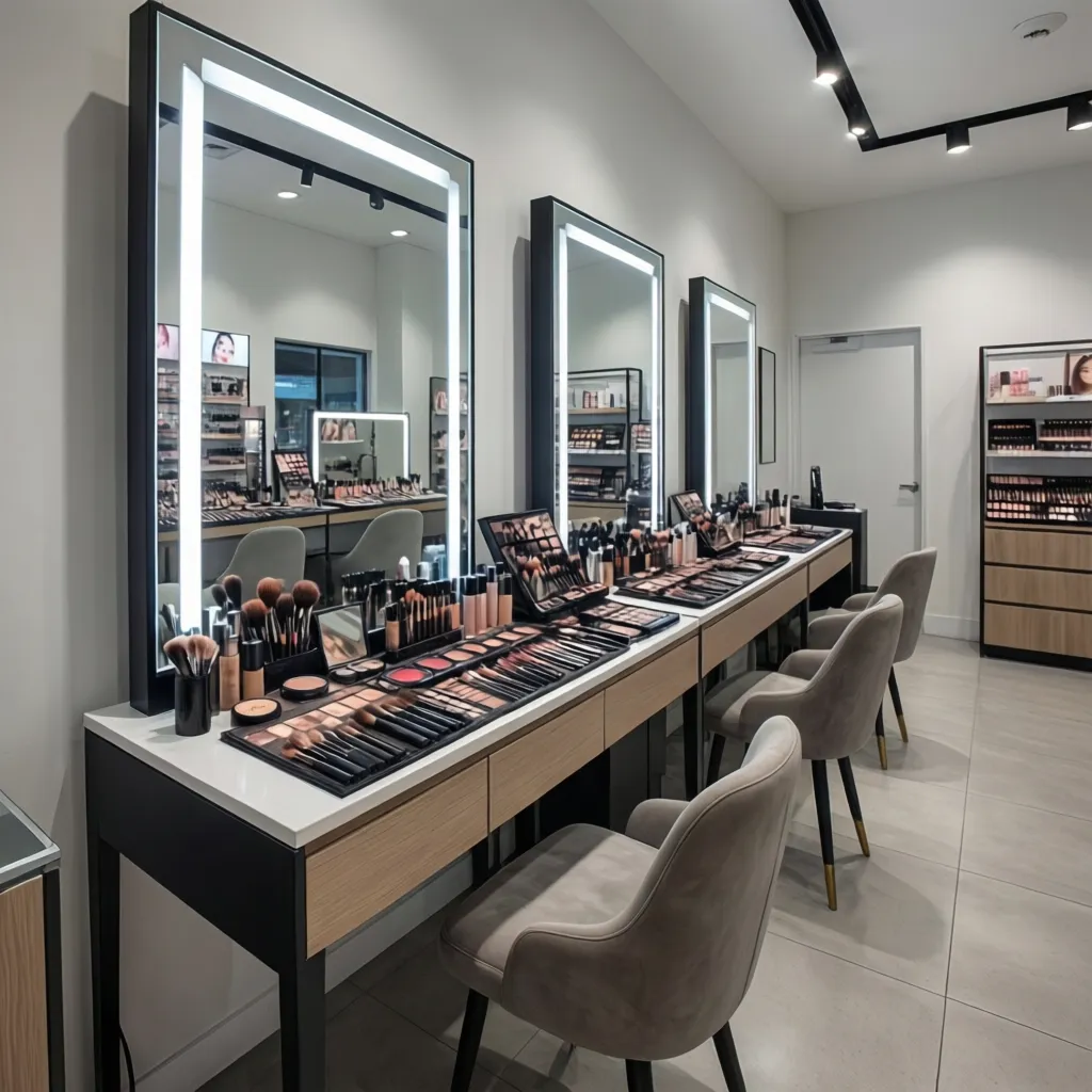cosmetic store testing station with mirror and proper lighting