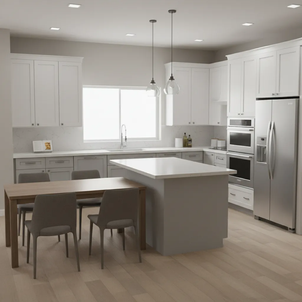 modern bungalow interior showing vinyl flooring laminate cabinets and quartz countertop