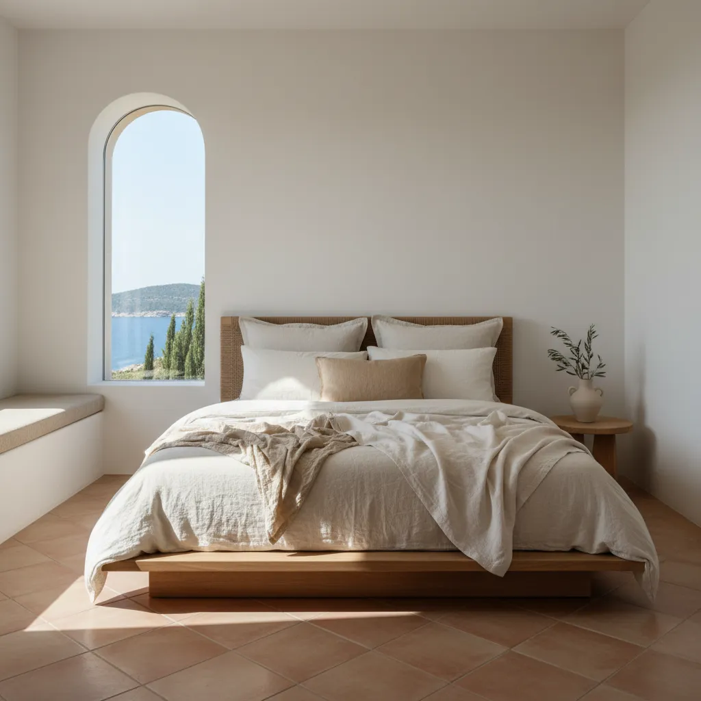 Minimalist bedroom with wooden bed white bedding arched window and view of the blue ocean