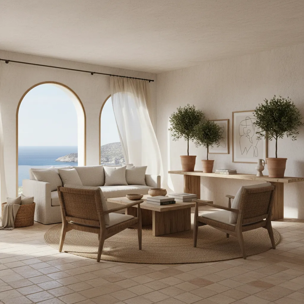 Mediterranean living room with beige sofa wooden chairs arched windows and beautiful blue sea view