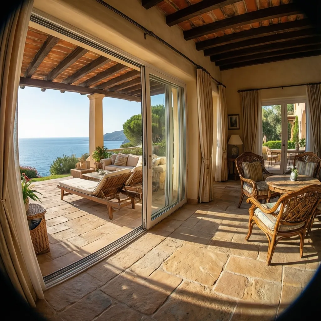 Mediterranean terrace with sea view, sliding glass doors, wood ceiling, sofa, and a dining set