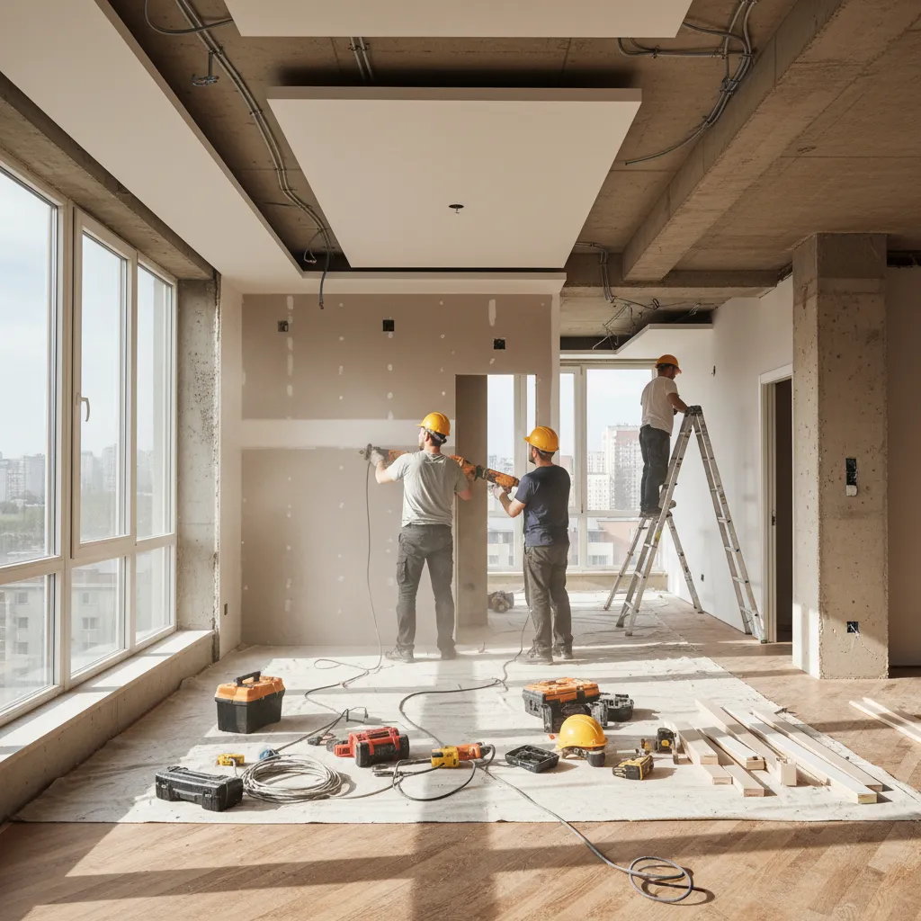 Three construction workers in yellow helmets working inside a house with tools and large windows