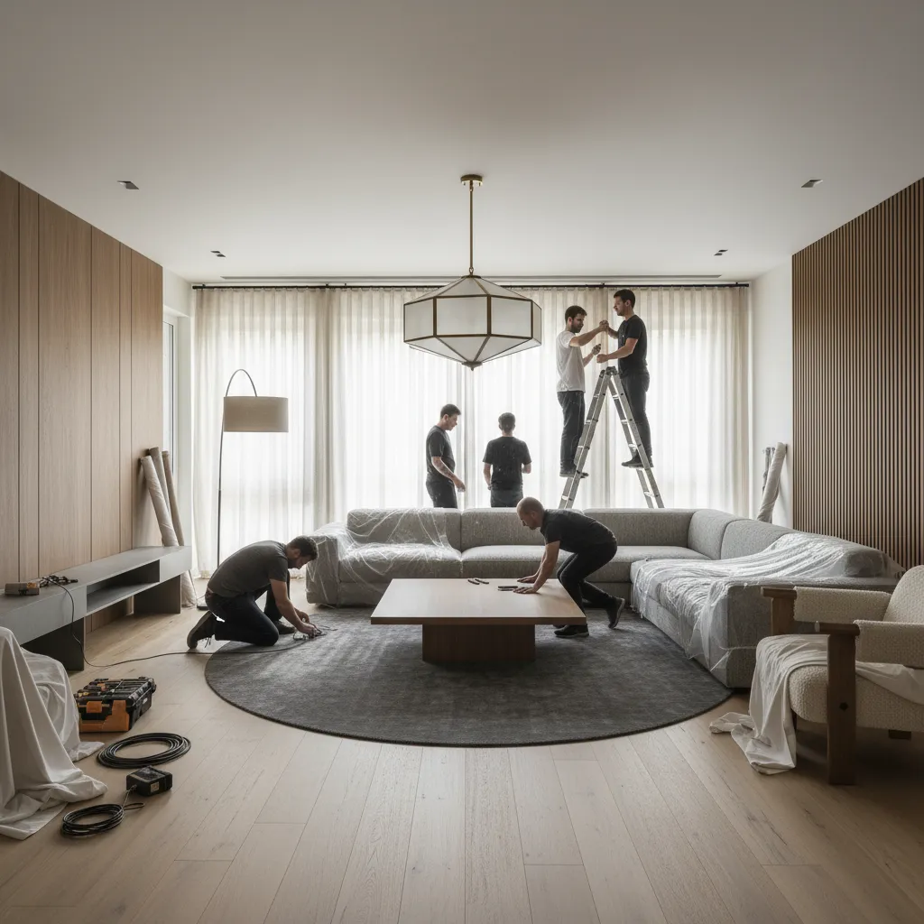 Proyecto de decoración con muebles, iluminación y textiles en proceso