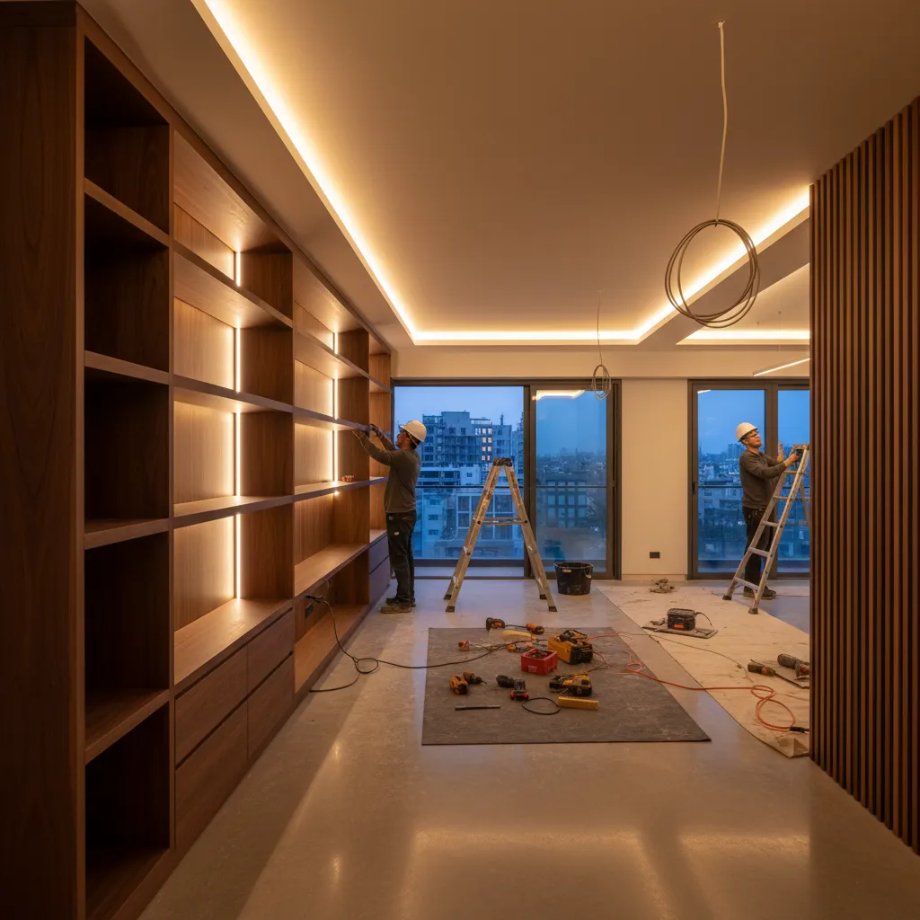 Workers installing large wooden wall cabinet with built-in light strips in a modern apartment room