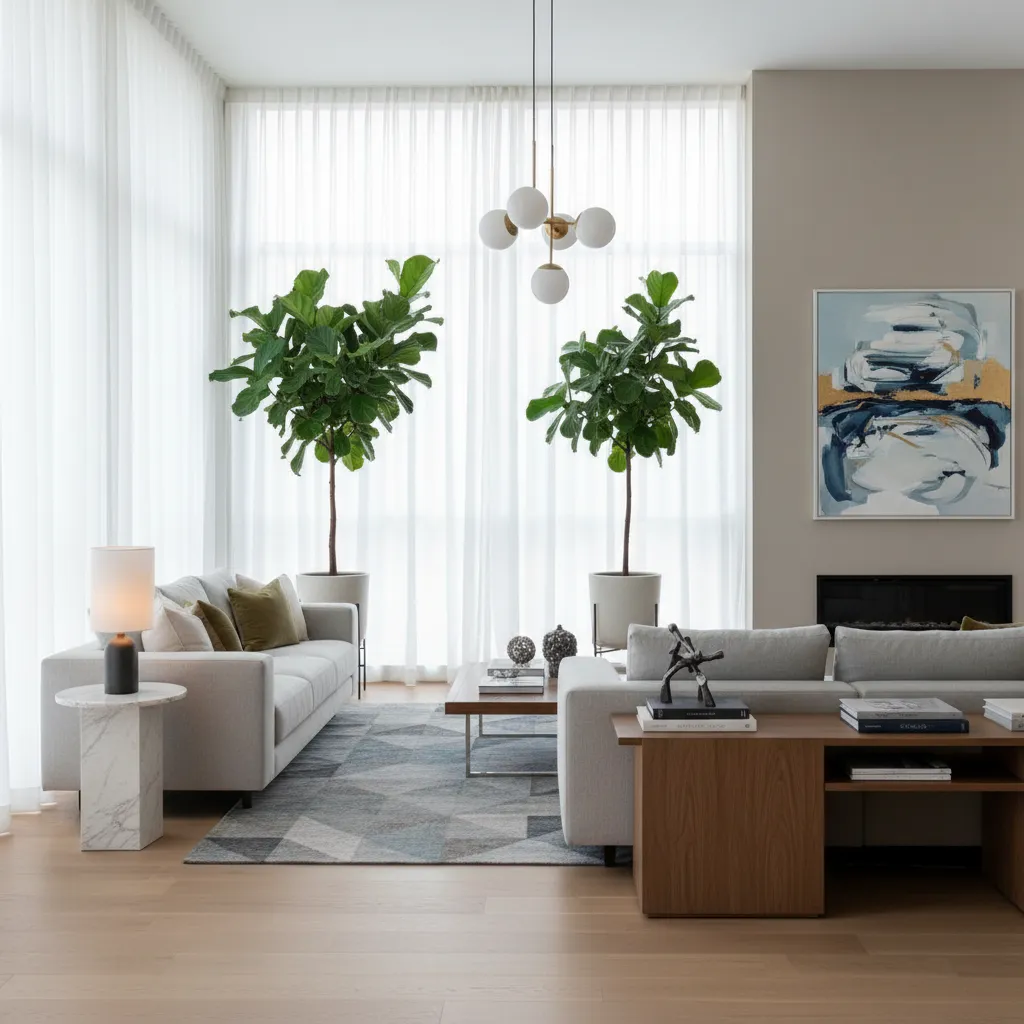 salón con cortinas lámparas y plantas decorativas