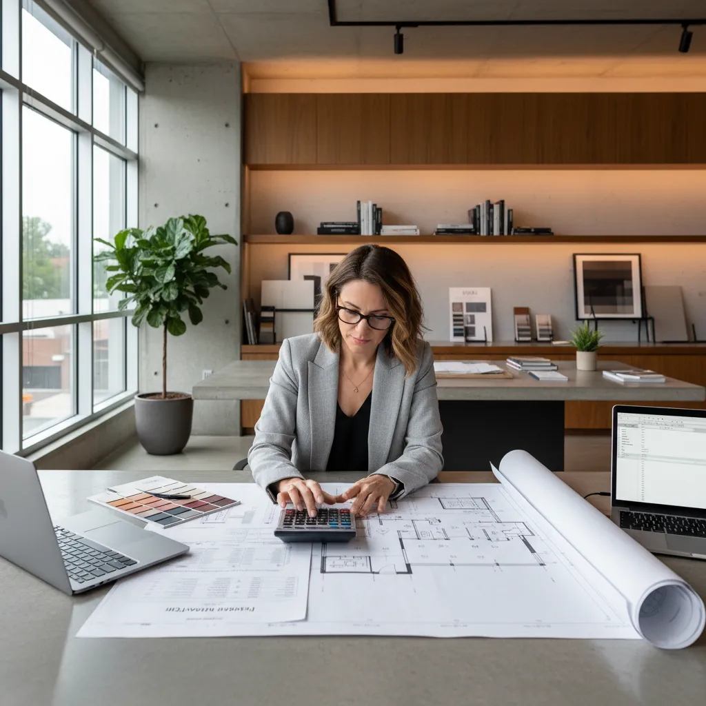 Woman designer using a calculator while reviewing a large floor plan on her office desk