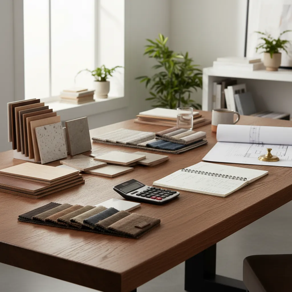 Mesa con muestras de materiales, presupuestos y calculadora para proyecto de interiorismo