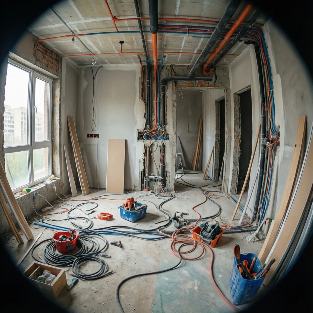Obra interior mostrando instalaciones eléctricas y tuberías durante una reforma