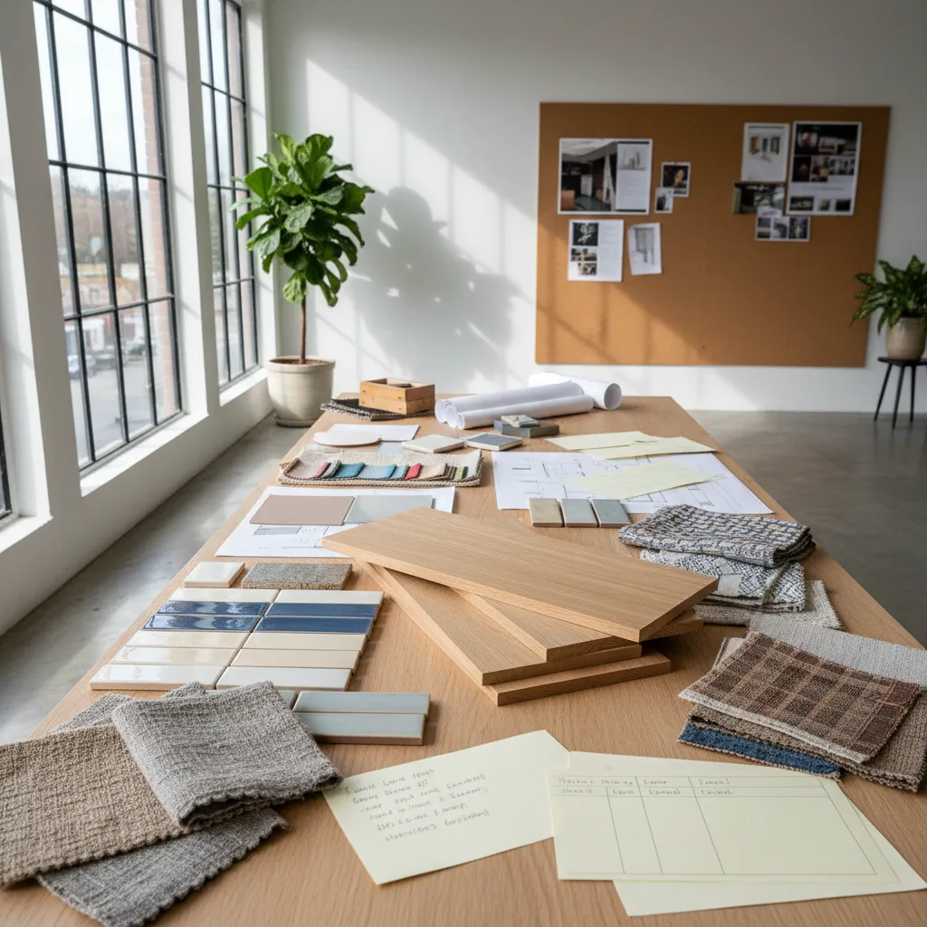 Mesa con muestras de materiales, planos y presupuesto de un proyecto de interiorismo
