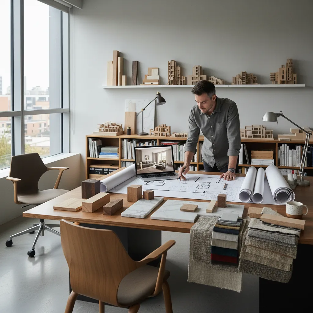 Interior designer working on floor plans with material samples and a laptop in bright office