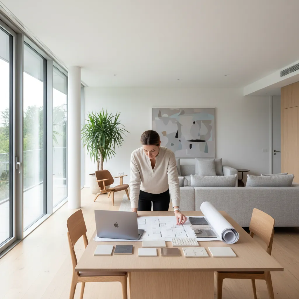 Female designer looking at interior design drawing on wooden table with laptop and material samples