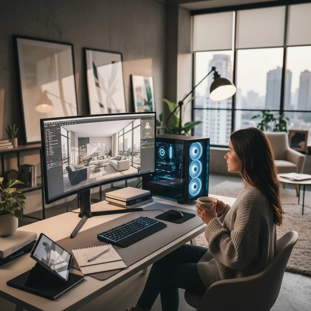Woman using interior design software to create a room layout on a large computer screen