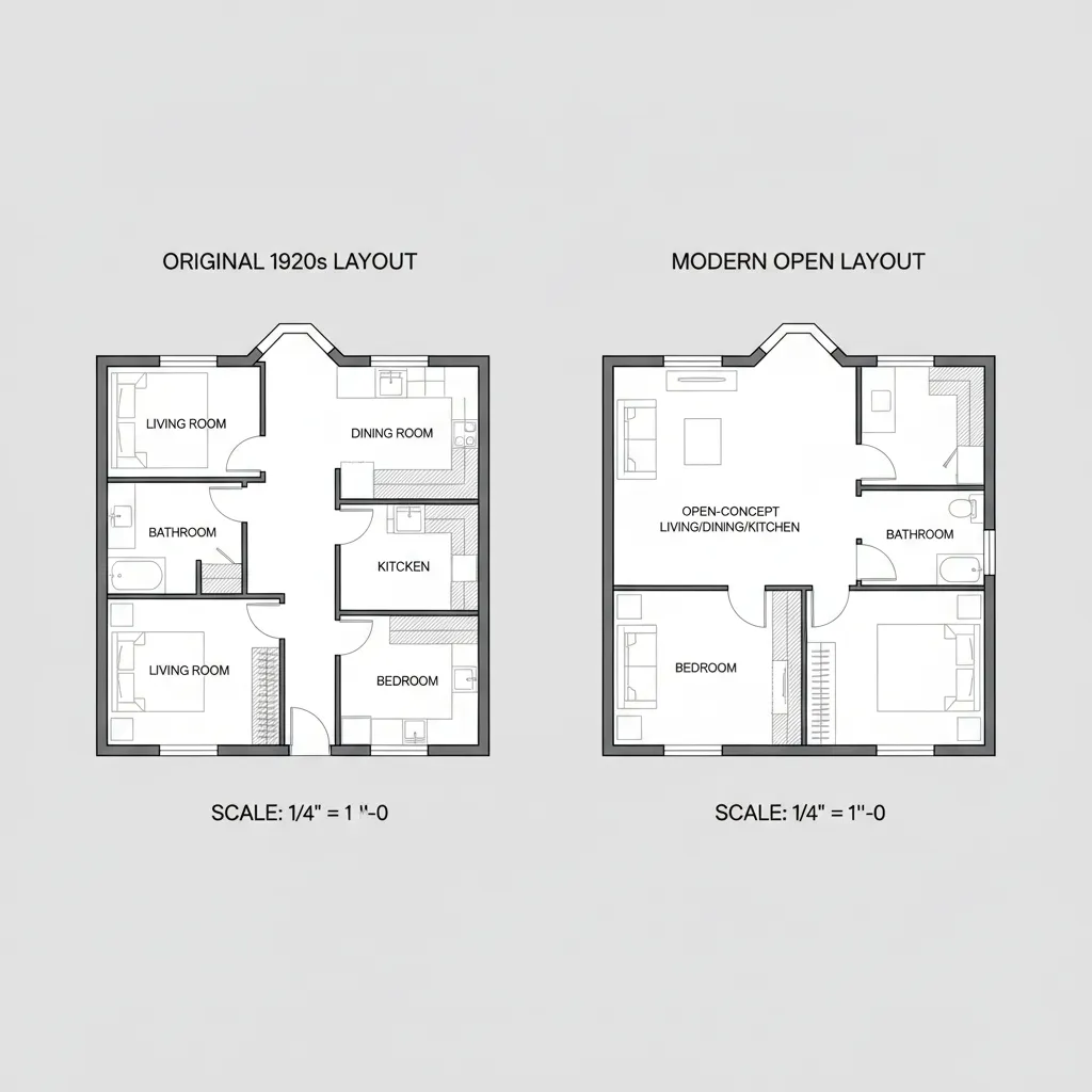 Floor plan comparison between original cottage layout and modern renovation