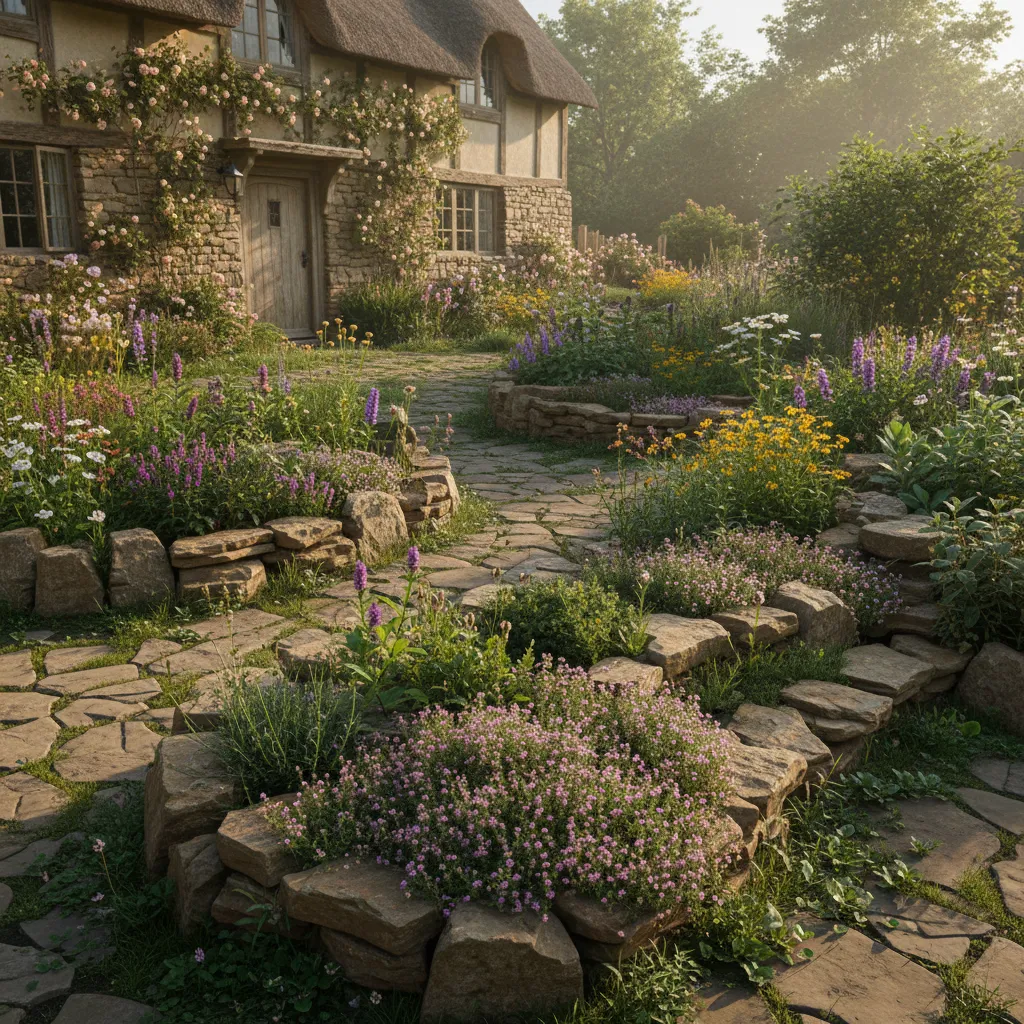 Rustic stone cottage with thatched roof surrounded by colorful flowers and winding stone garden path