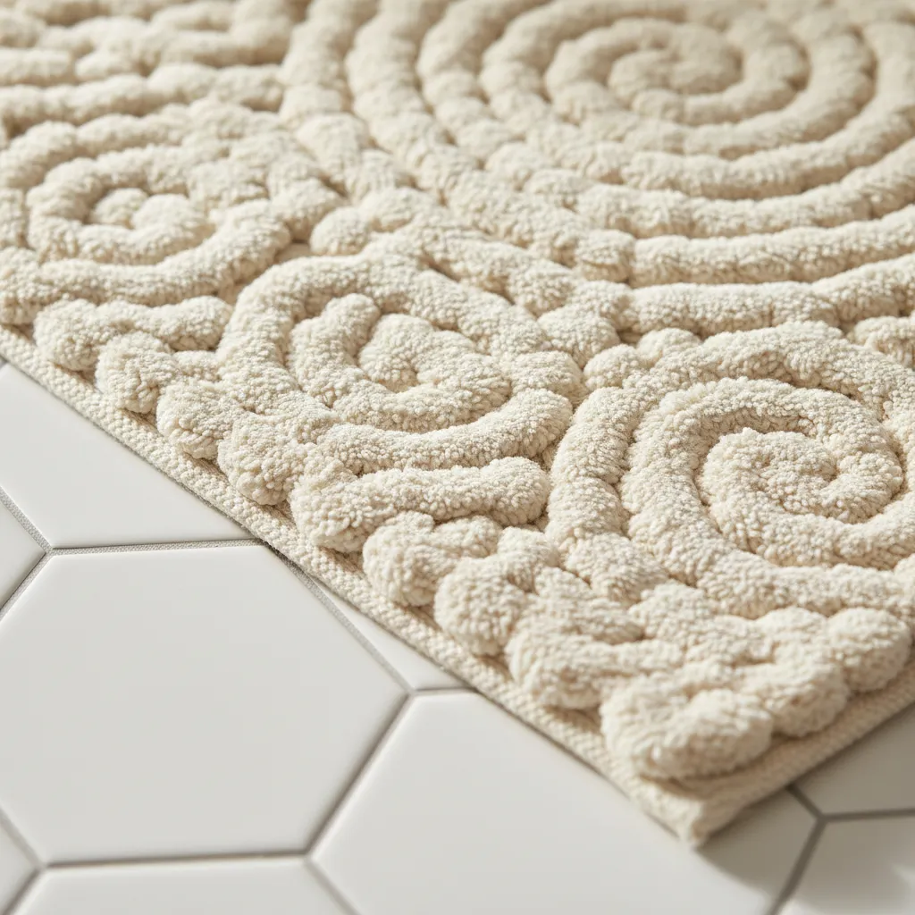Close view of soft cotton cream bathroom rug fibers and texture