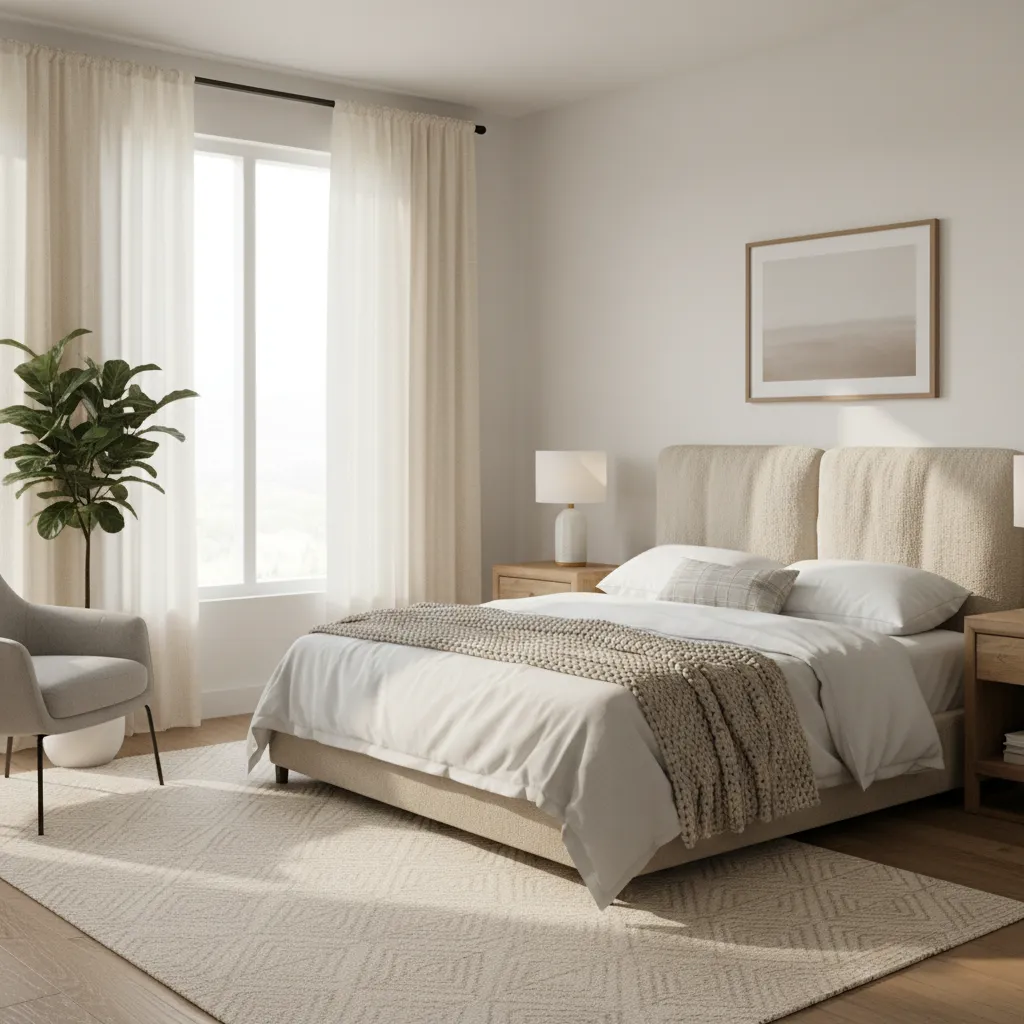 modern bedroom with cotton cream curtains and balanced natural light