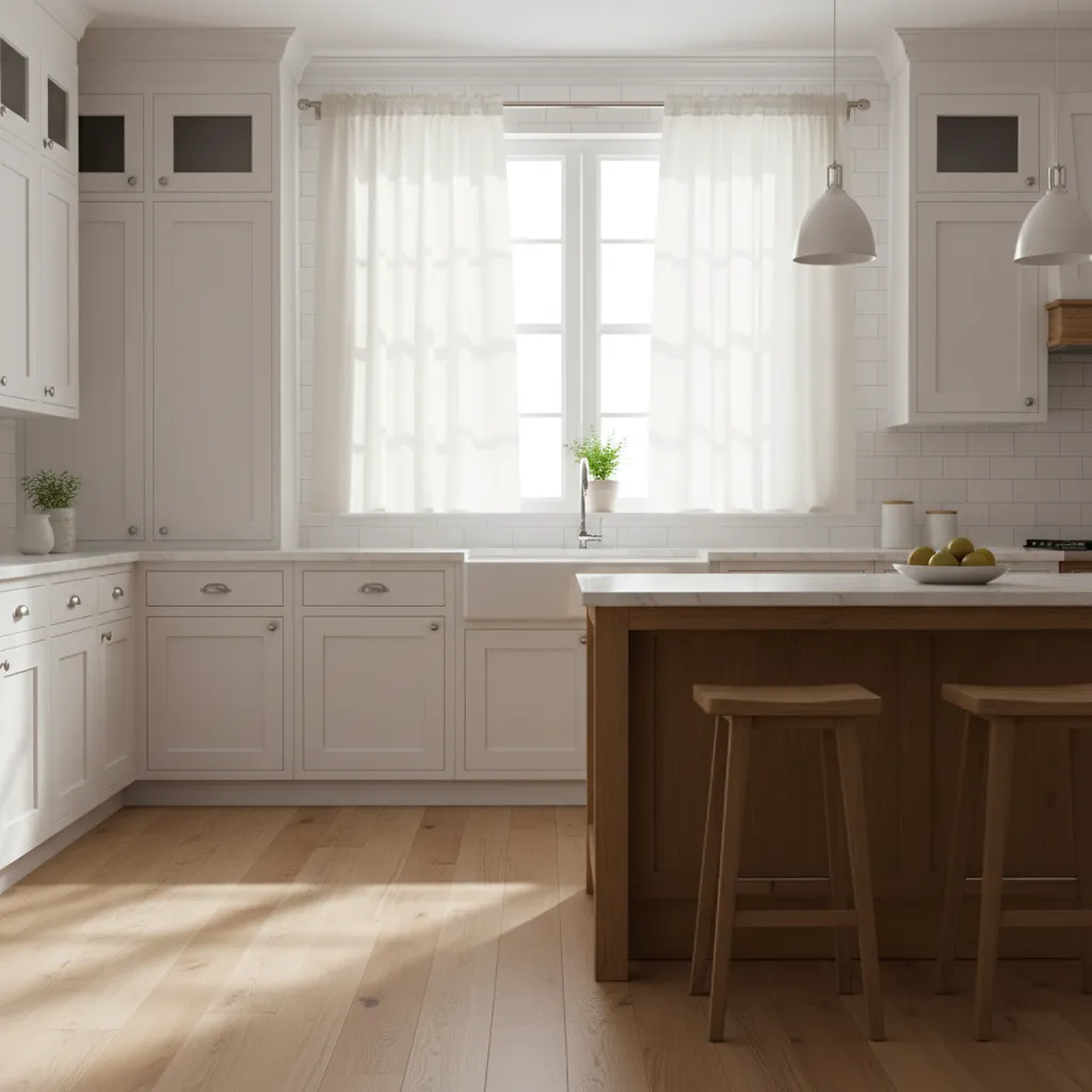 Light cotton kitchen curtains filtering daylight in a bright modern kitchen