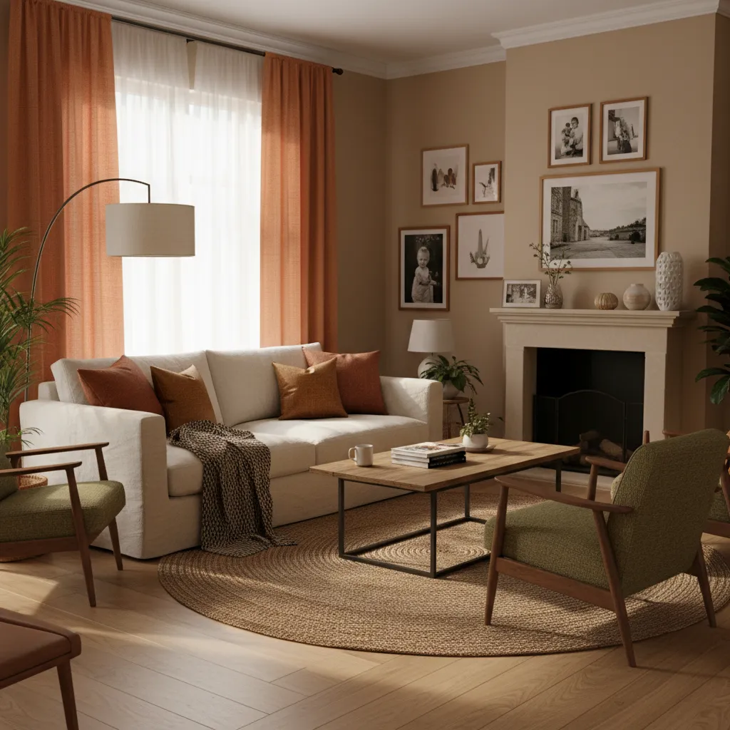 sunlit living room with cotton orange curtains