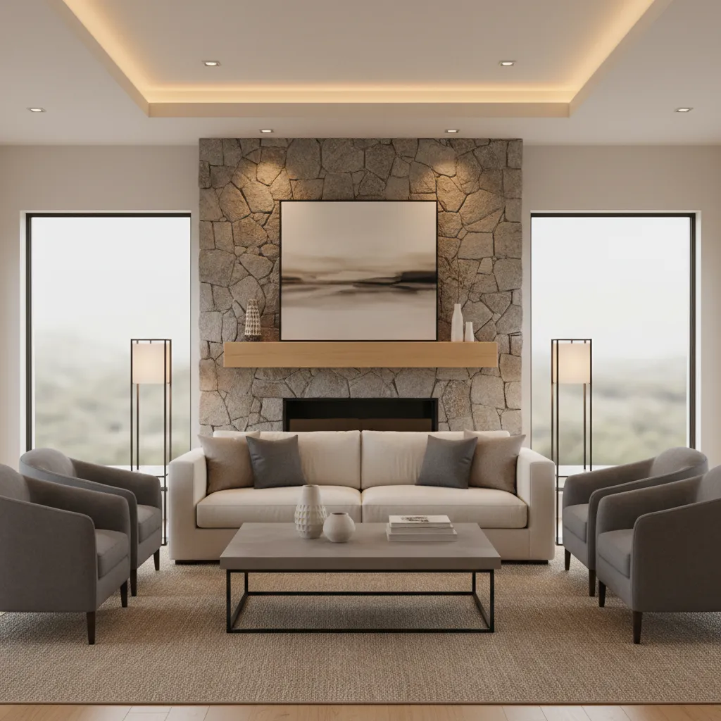 sofa facing fireplace directly in a modern living room