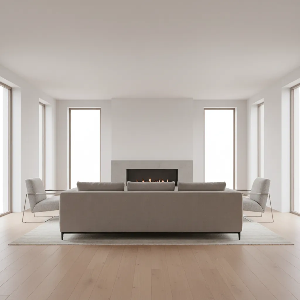 sofa placed in front of fireplace creating floating seating area