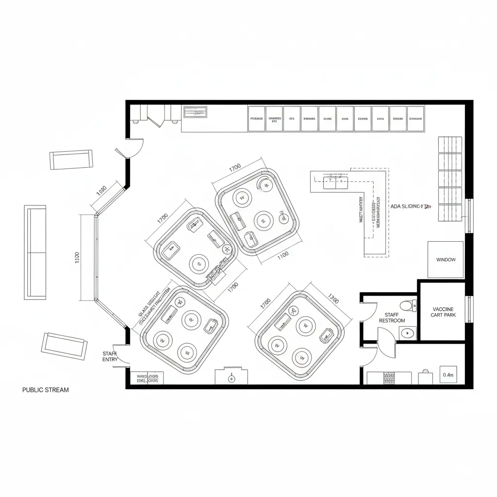 Interior design drawing of medical center floor plan with consultation tables and staff restroom area