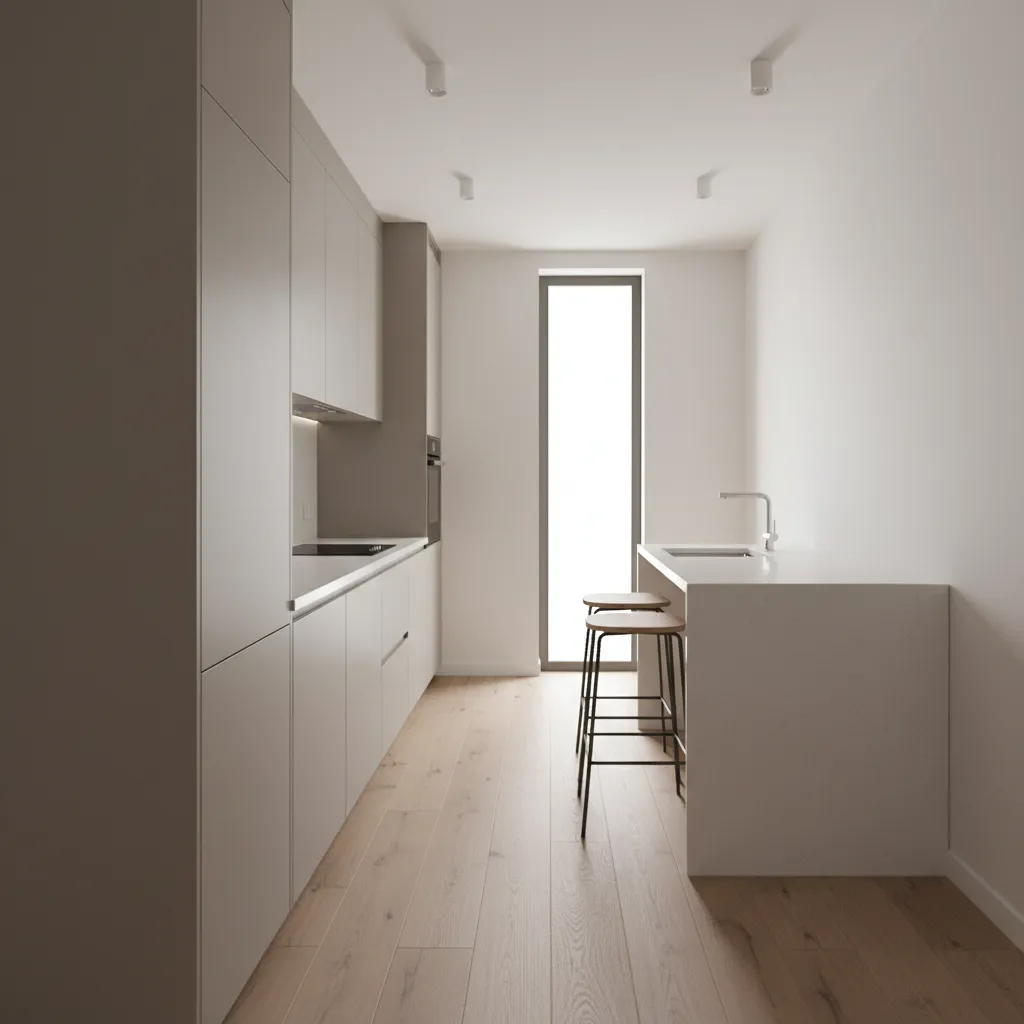 Counter depth refrigerator aligned with kitchen cabinets in a small kitchen