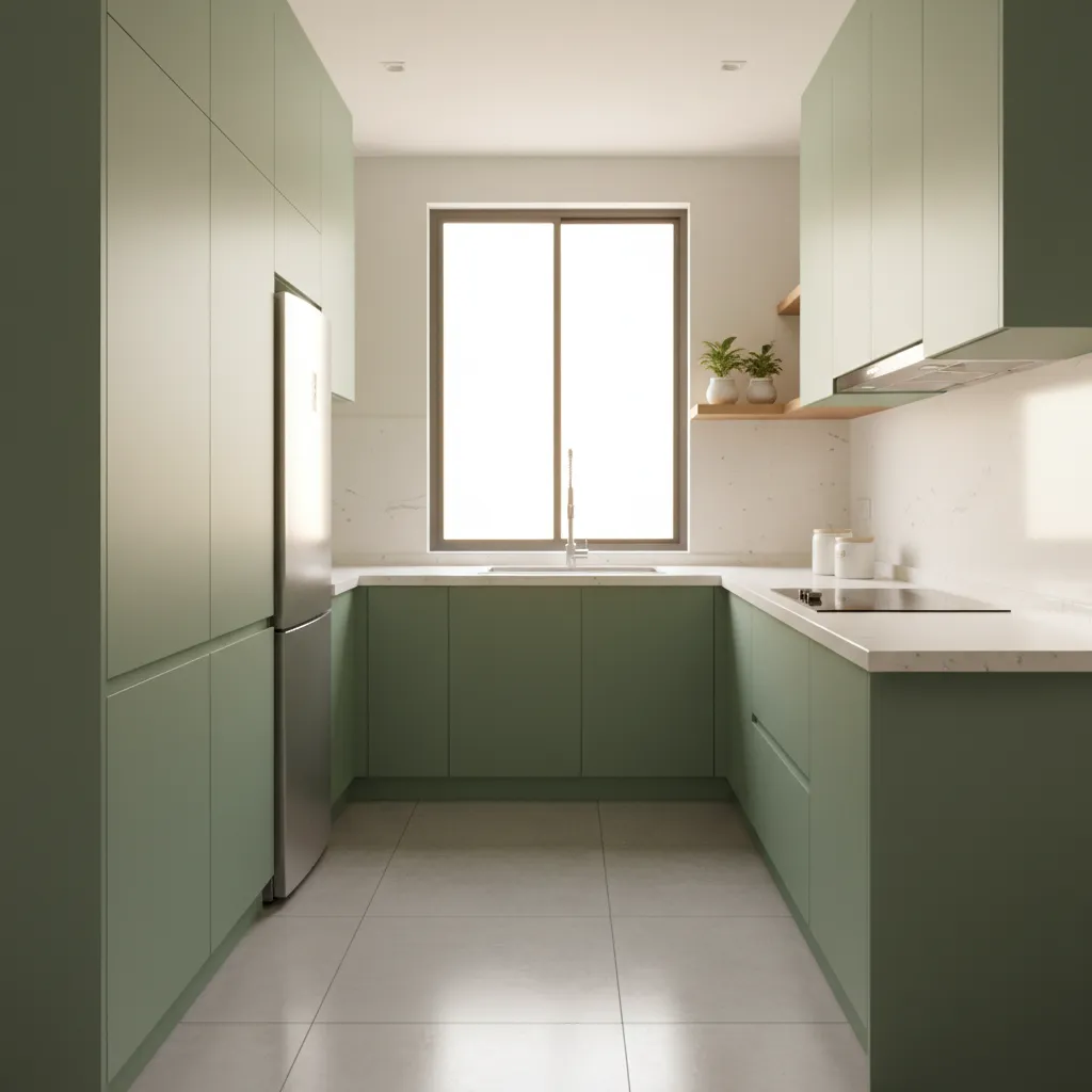 Counter depth refrigerator fitting neatly within modular kitchen cabinets