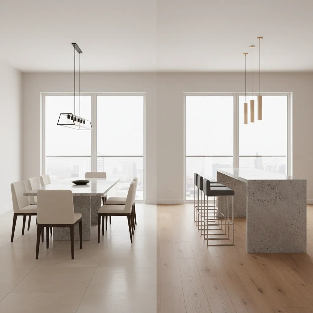 comparison of counter height granite table with stools and standard dining height table with chairs