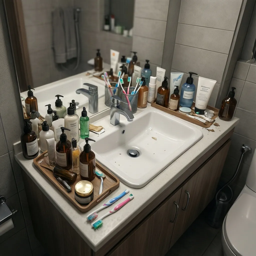 Bathroom vanity crowded with countertop accessories in a small bathroom