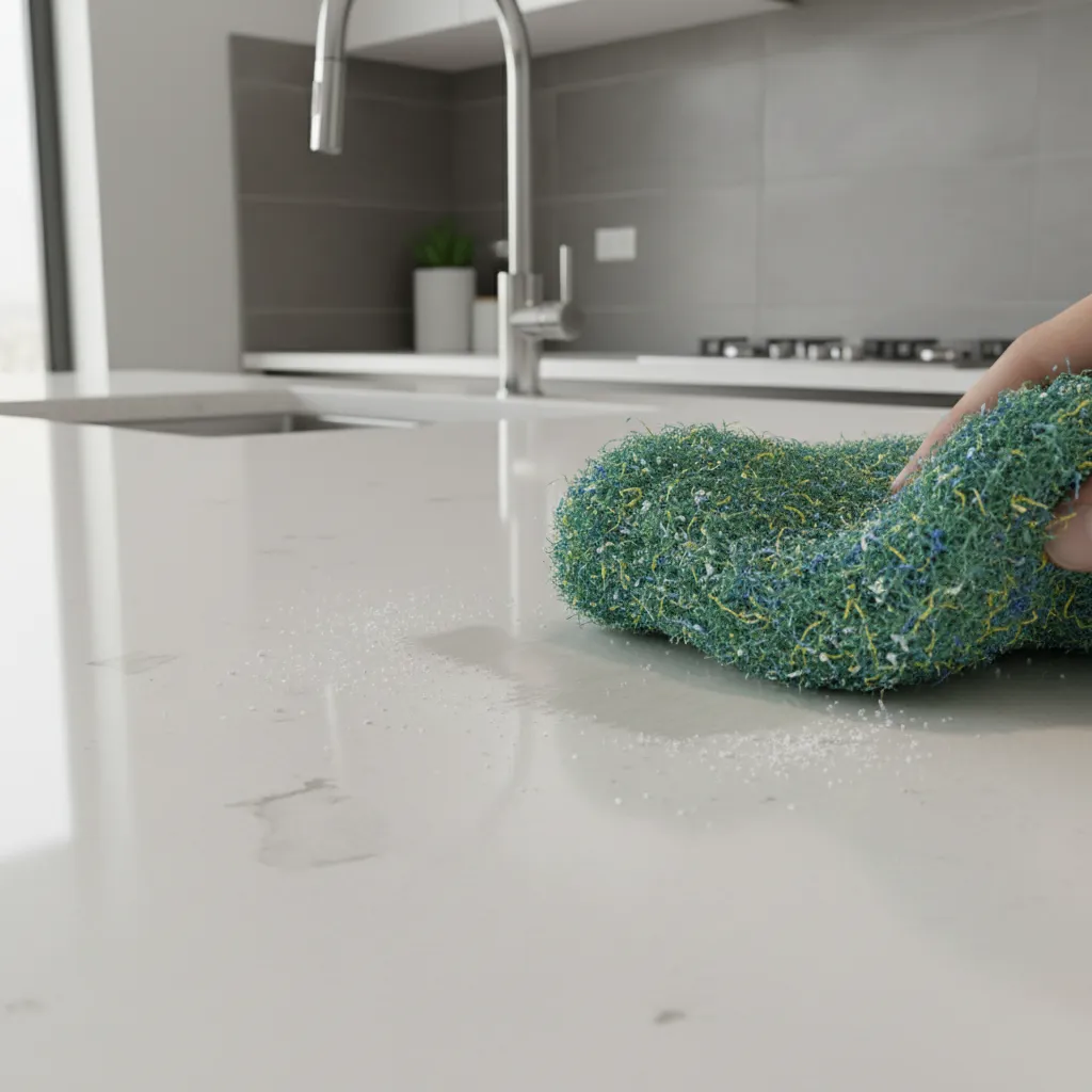 Hand using green rough sponge to scrub white kitchen countertop near a silver water tap