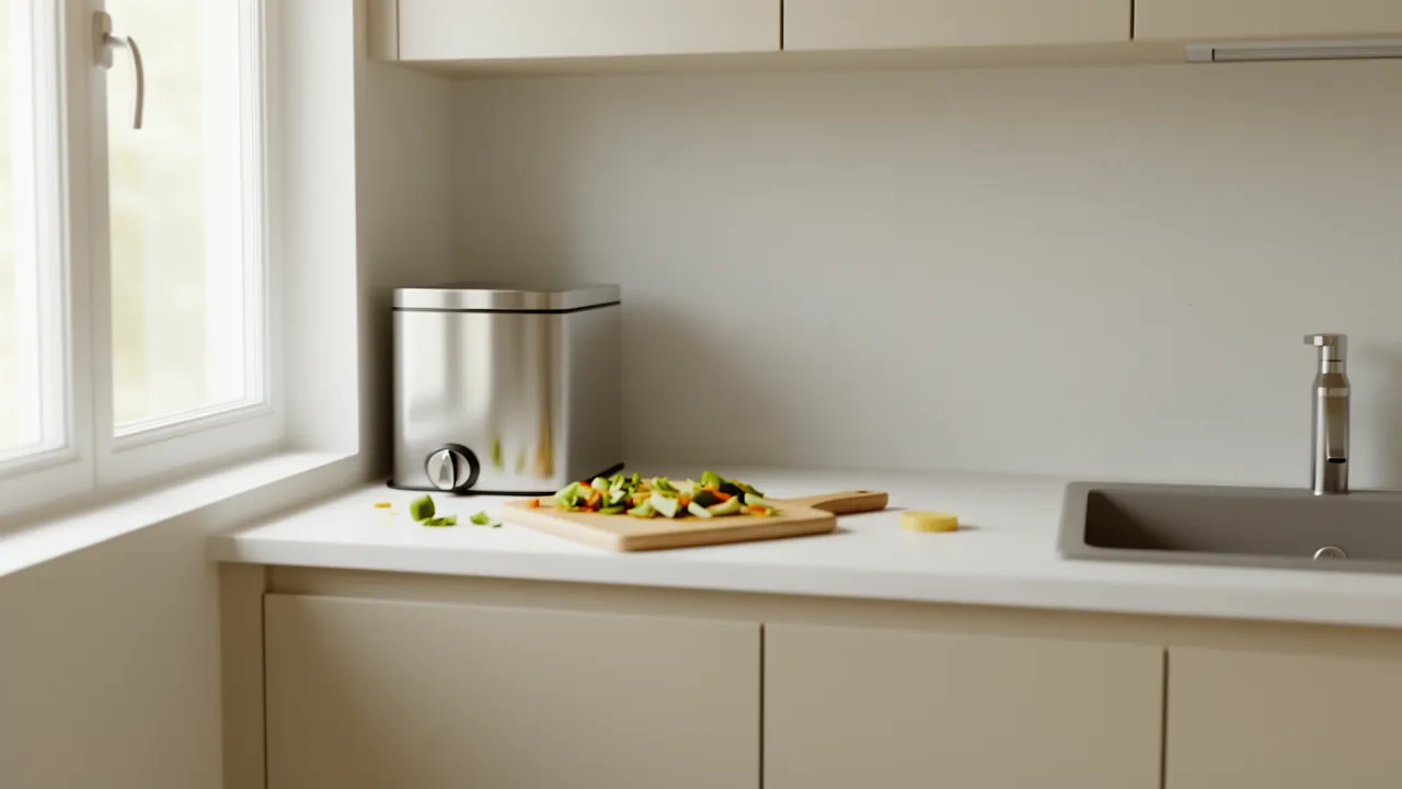 Small kitchen countertop compost bin used during food preparation