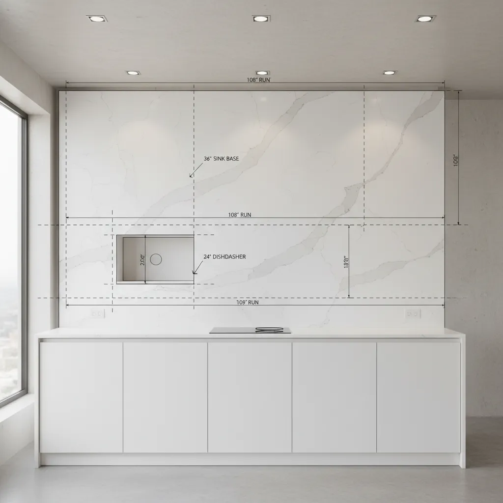 Kitchen countertop slab diagram showing sink cutout placement for material efficiency