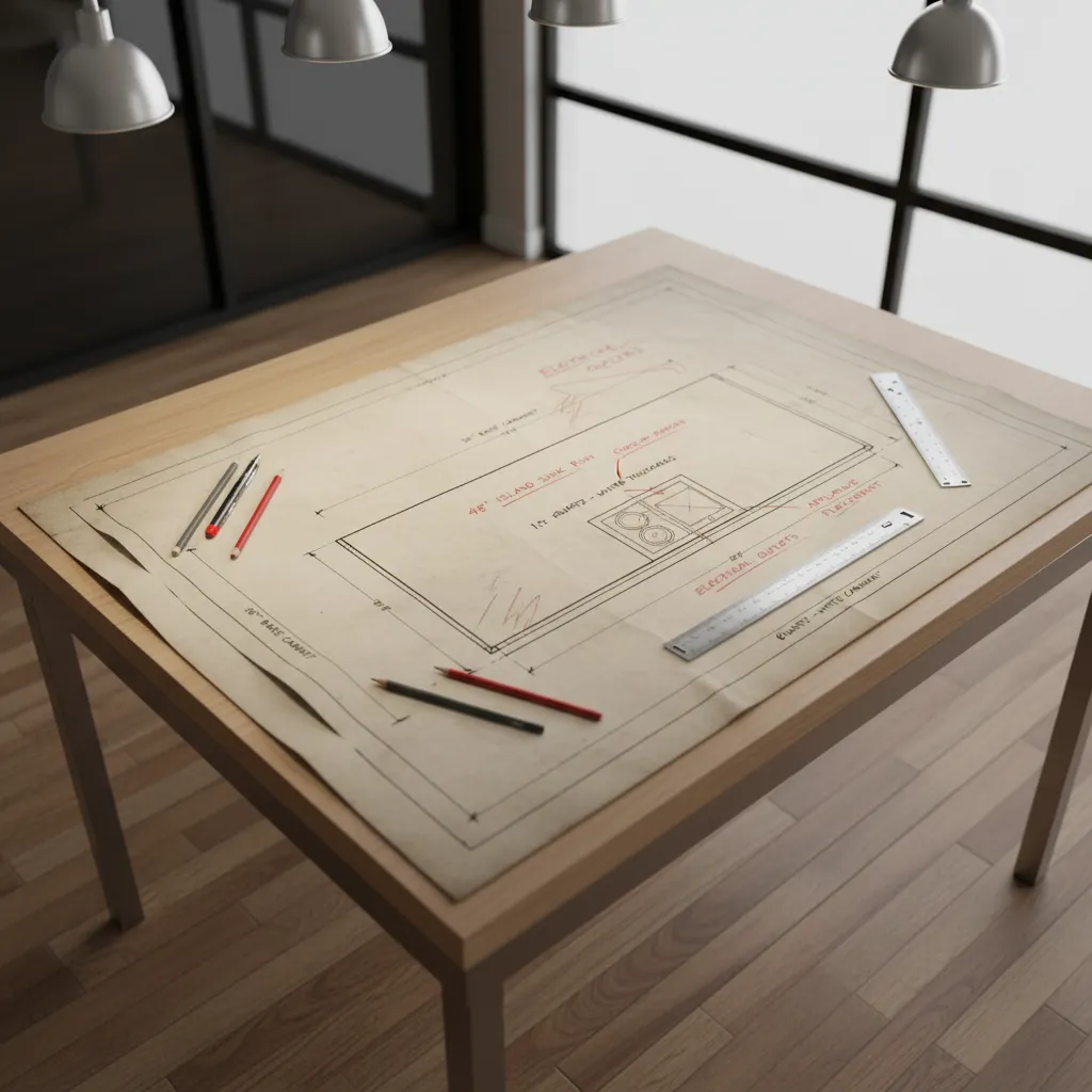 kitchen countertop blueprint with measurements and notes on design table