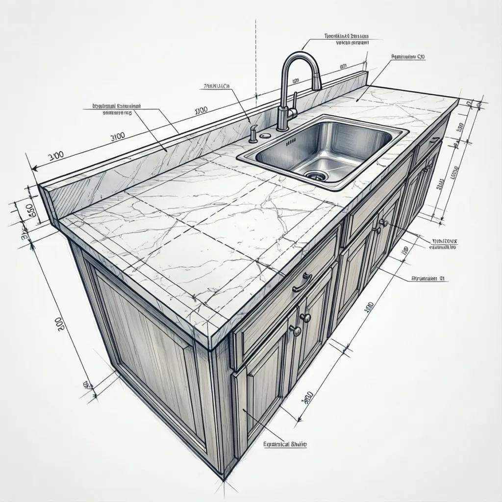 diagram showing countertop seam lines, edge profiles, and cutout symbols