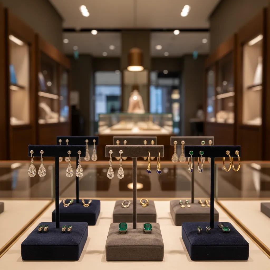 velvet countertop earring display stands in jewelry boutique