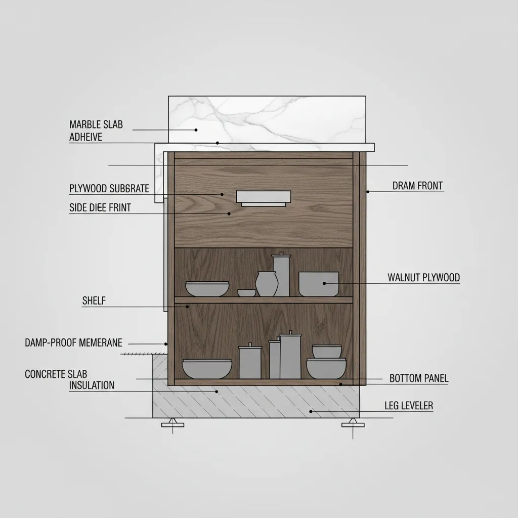 architectural section detail showing countertop edge profile in kitchen drawing