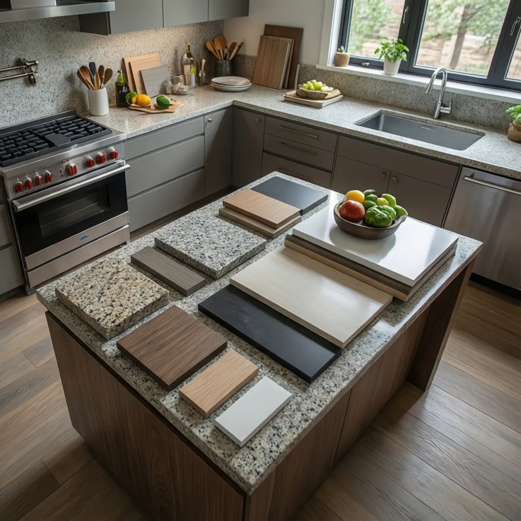 different kitchen countertop materials including quartz granite laminate samples