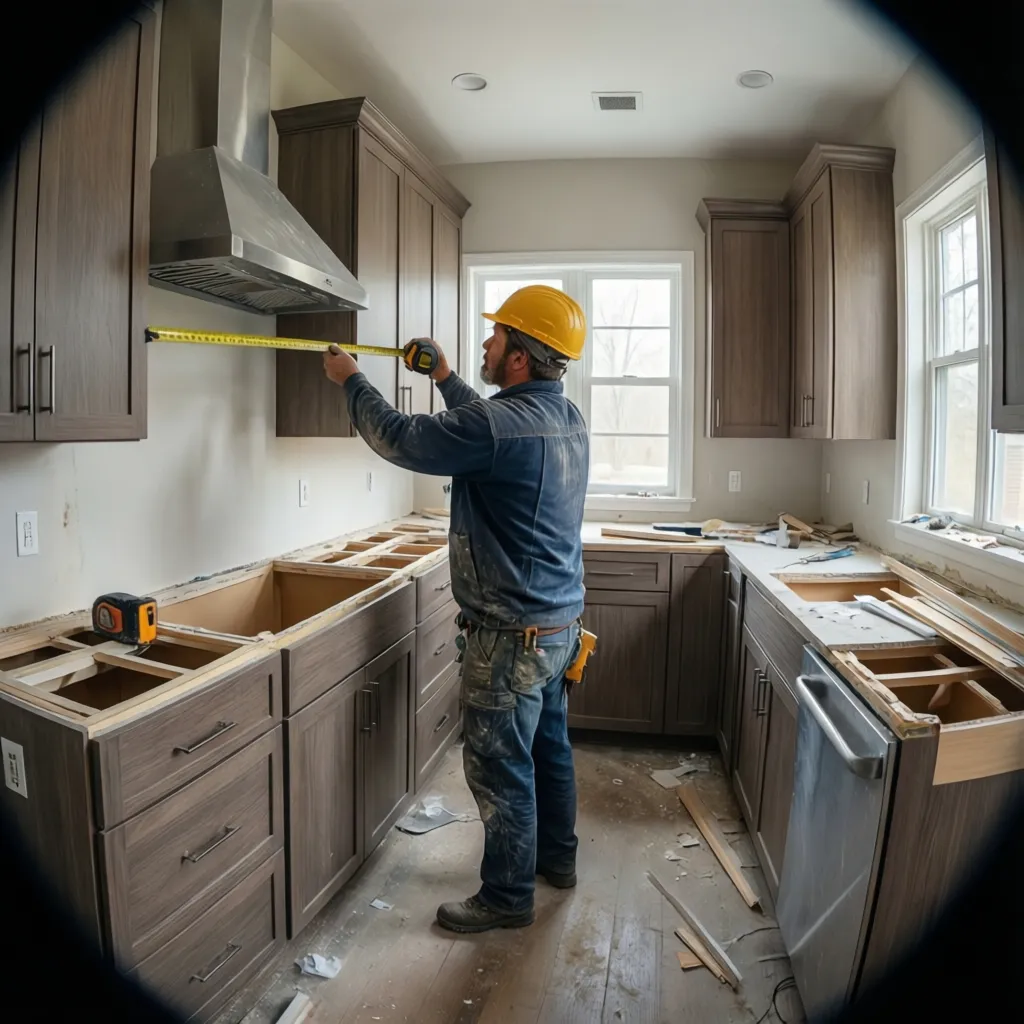 Measuring kitchen cabinets before creating countertop drawing