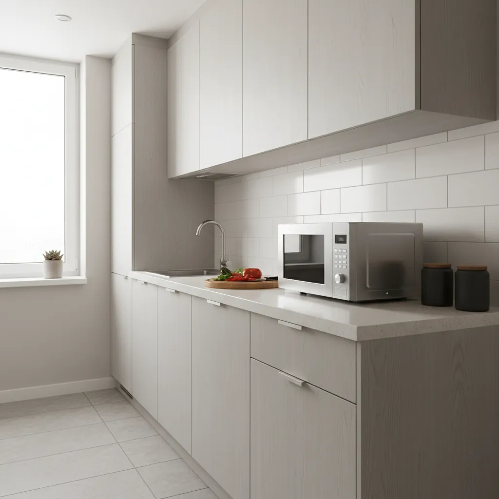 Compact kitchen with a countertop microwave placed beside a prep area
